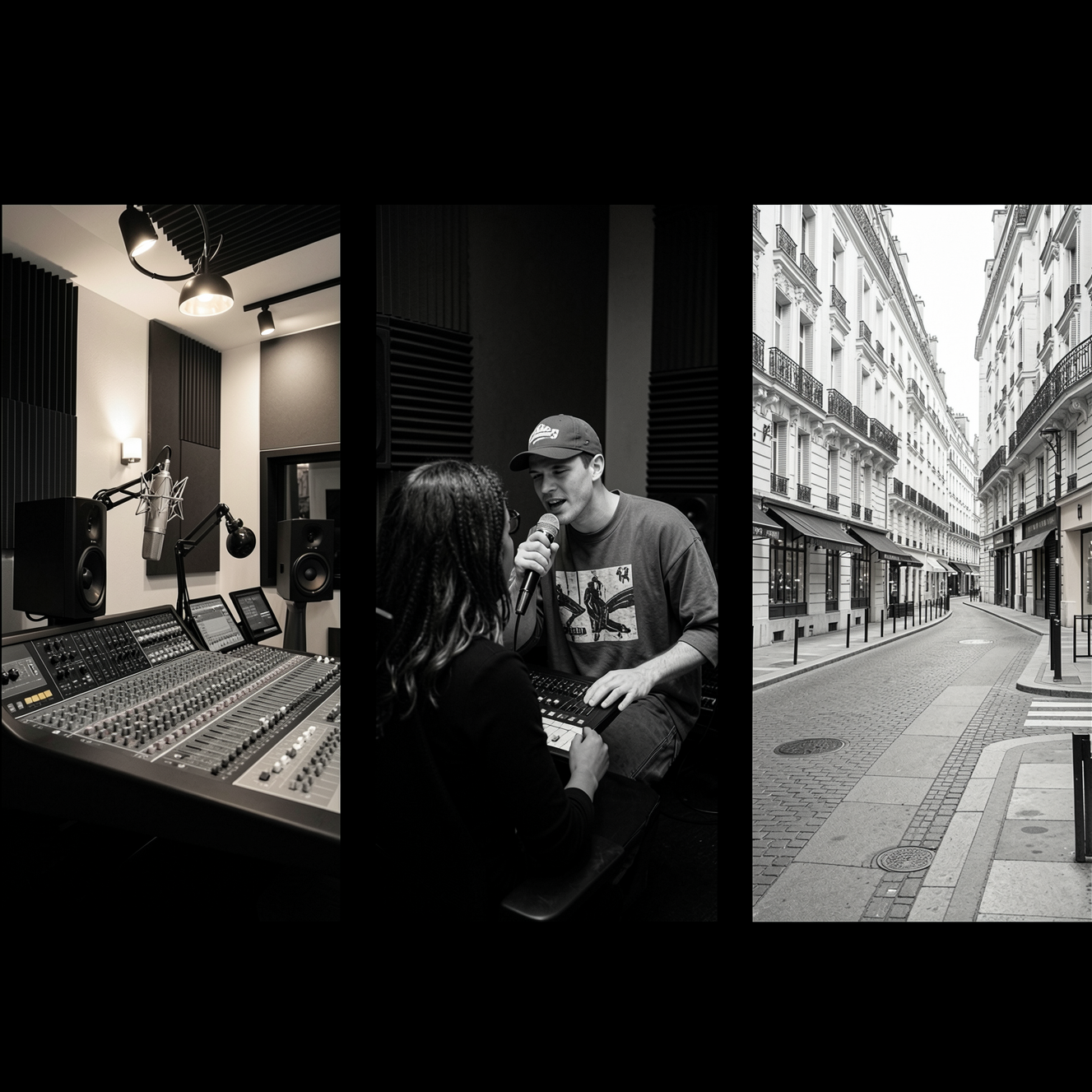 Un homme et une femme discutent dans un studio, avec une rue vide en arrière-plan.